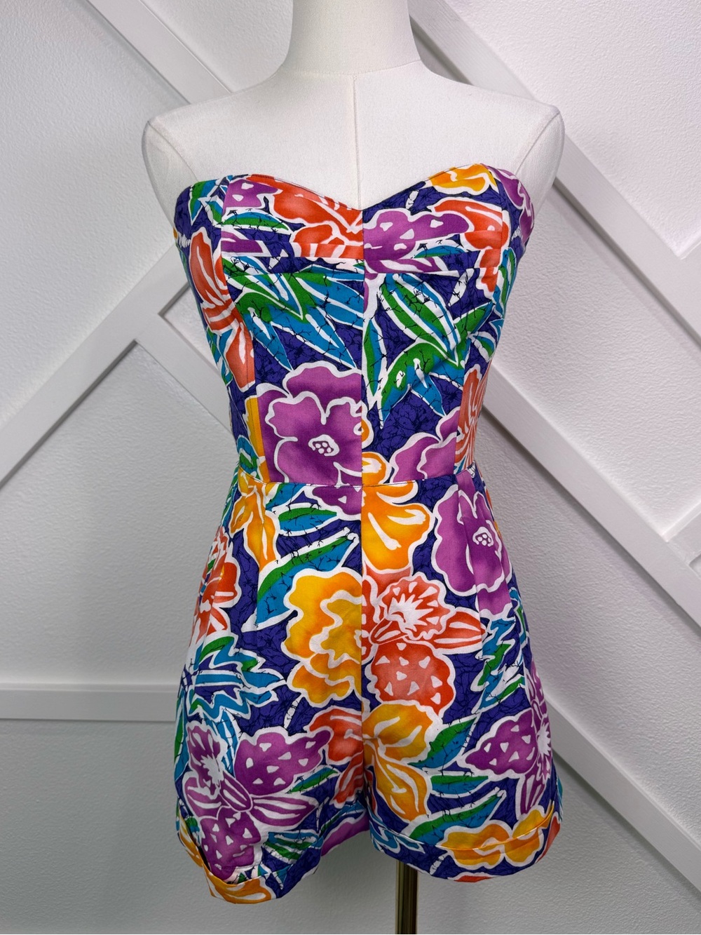 Vintage 80s Liz Sport Strapless Hawaiian Romper Floral Corset Boning Size 4